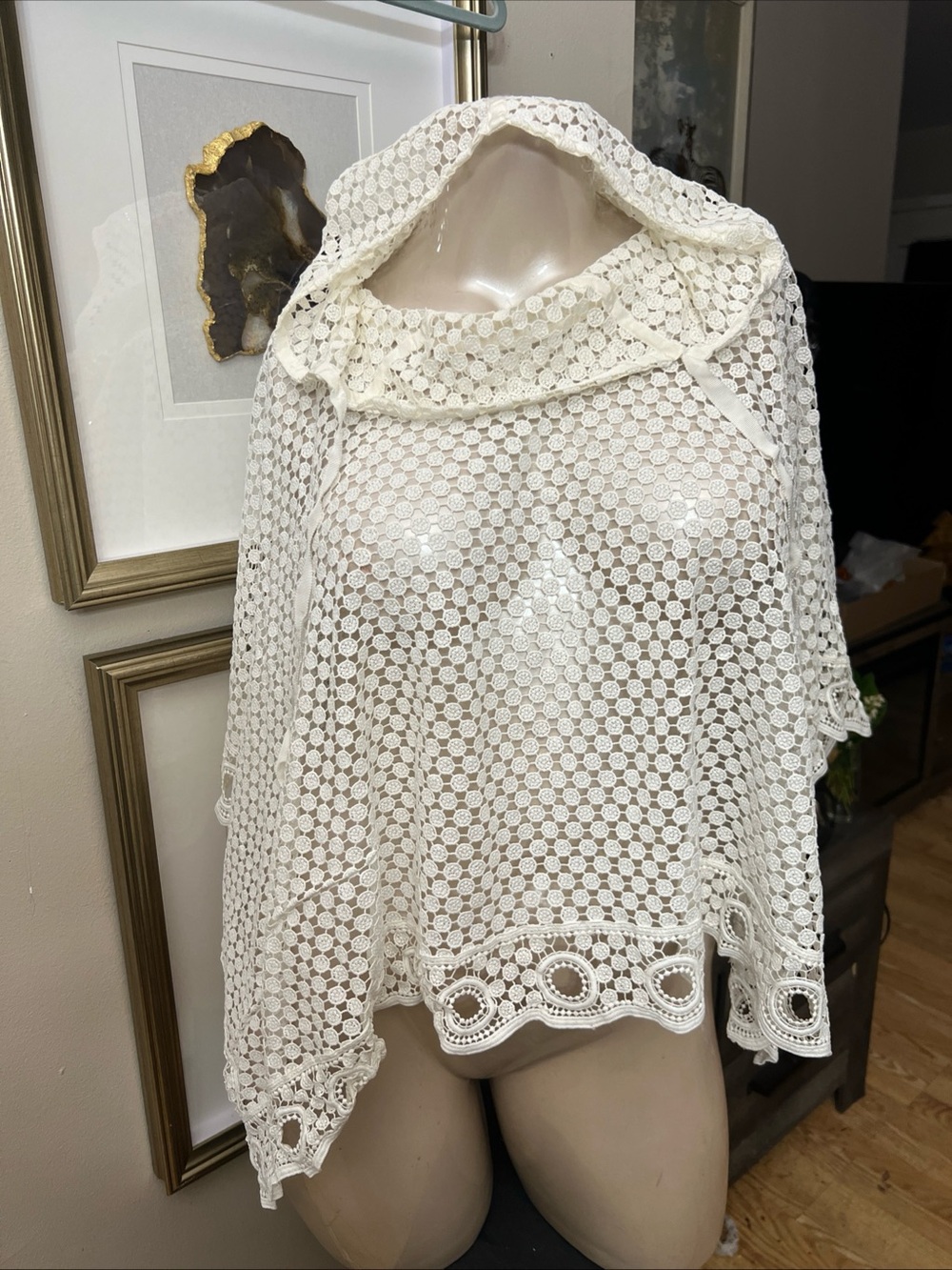 Chloe Milk White Eyelet Lace Hooded Poncho FREE SIZE